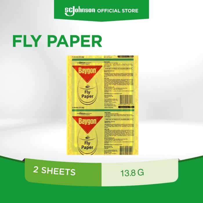 Fly paper for pest control, Baygon brand, 2-sheet pack, effective insect trap, used in domestic and commercial hygiene, part of Beyond Hygiene Asia's pest management solutions.