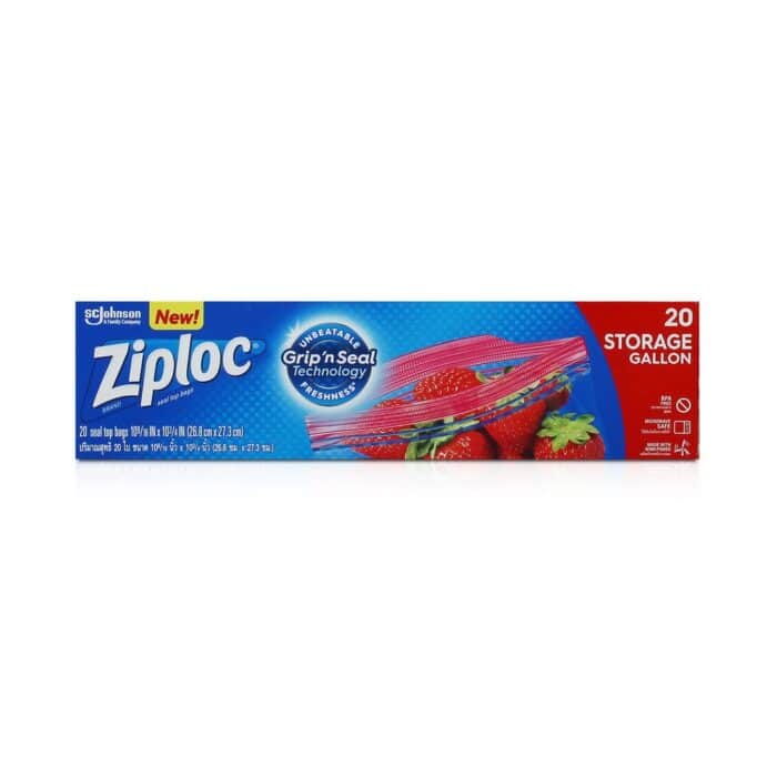 Ziploc storage bags with Grip'n Seal Technology, 20-gallon size, ideal for food storage and freshness, made by Beyond Hygiene Asia.