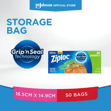 Ziploc Storage Bag with Grip'n Seal Technology, 50 sandwich-sized plastic zip-top bags, ideal for food storage and organization, featuring durable leak-proof design, 16.5 x 14.9 cm.