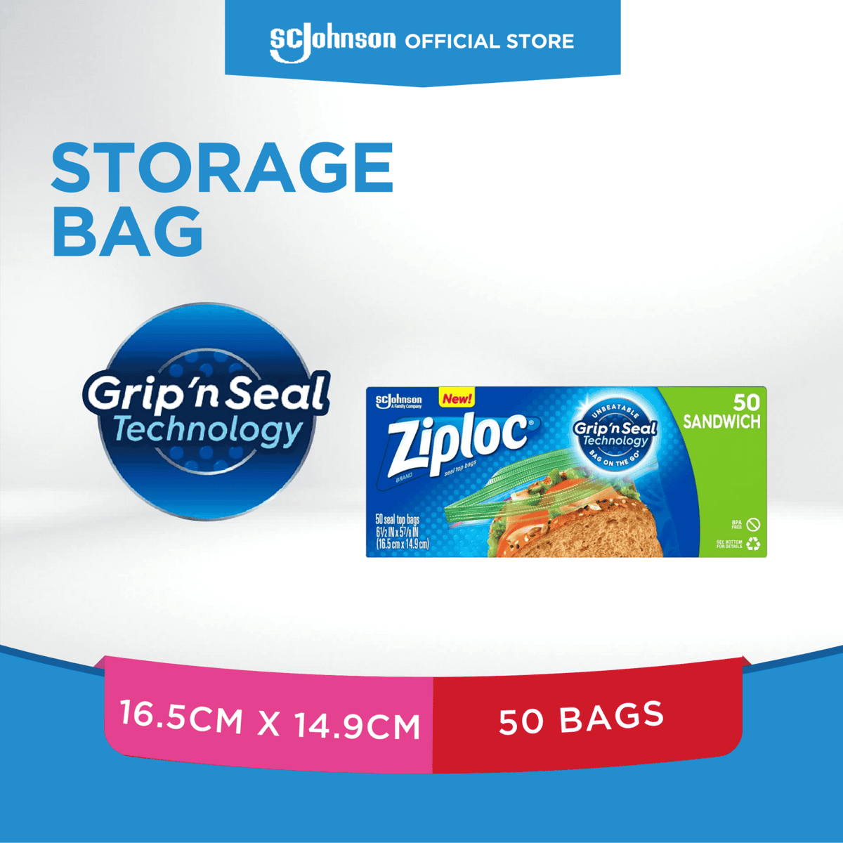 ginee_20240220120626860_5659381462-1.png Ziploc Storage Bag with Grip'n Seal Technology, 50 sandwich-sized plastic zip-top bags, ideal for food storage and organization, featuring durable leak-proof design, 16.5 x 14.9 cm.