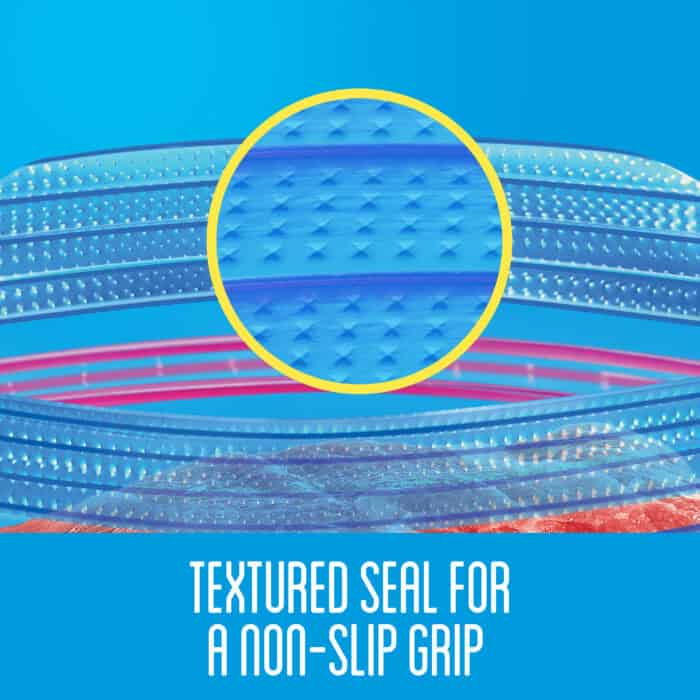 Textured seal for non-slip grip in hygiene products and antimicrobial surfaces for healthcare, food safety, and sanitation applications.