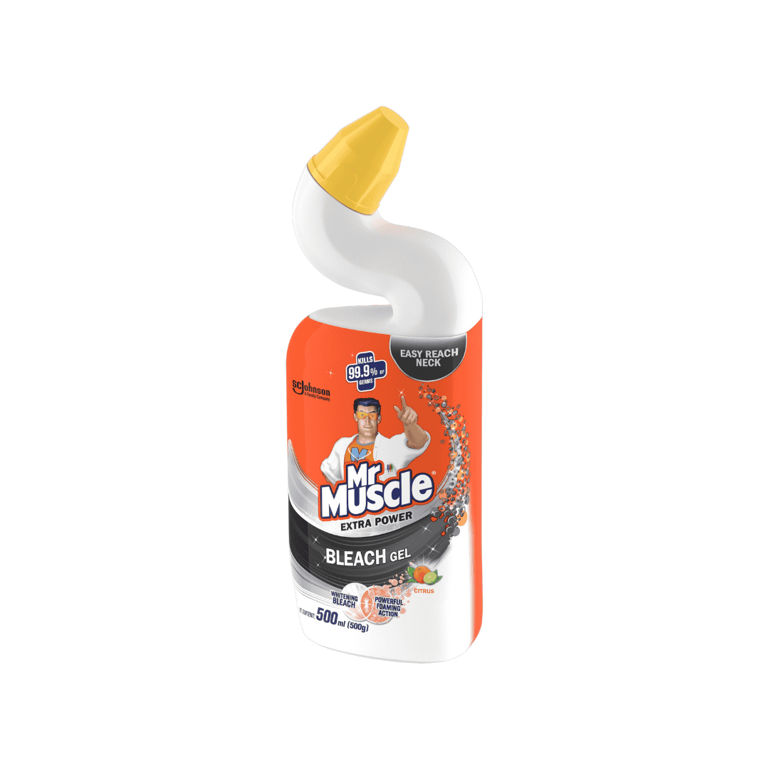 ginee_20240220133437329_9901279285.png Mr. Muscle Bleach Gel bottle with ergonomic nozzle and vibrant packaging, designed for effective cleaning and stain removal, promoting hygiene and sanitation in commercial and home settings.