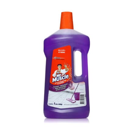 Effective disinfectant and floor cleaner in a purple bottle with an orange cap, ideal for maintaining hygiene and eliminating germs in commercial and medical settings.