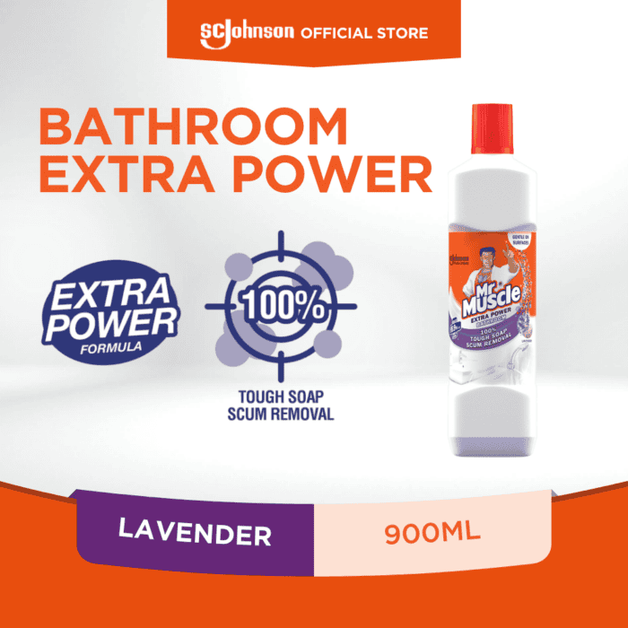Gentle on surfaces, Mr. Muscle bathroom cleaner with extra power for tough soap scum removal, lavender scent, 900ml bottle, ideal for maintaining hygiene in Asian bathrooms.