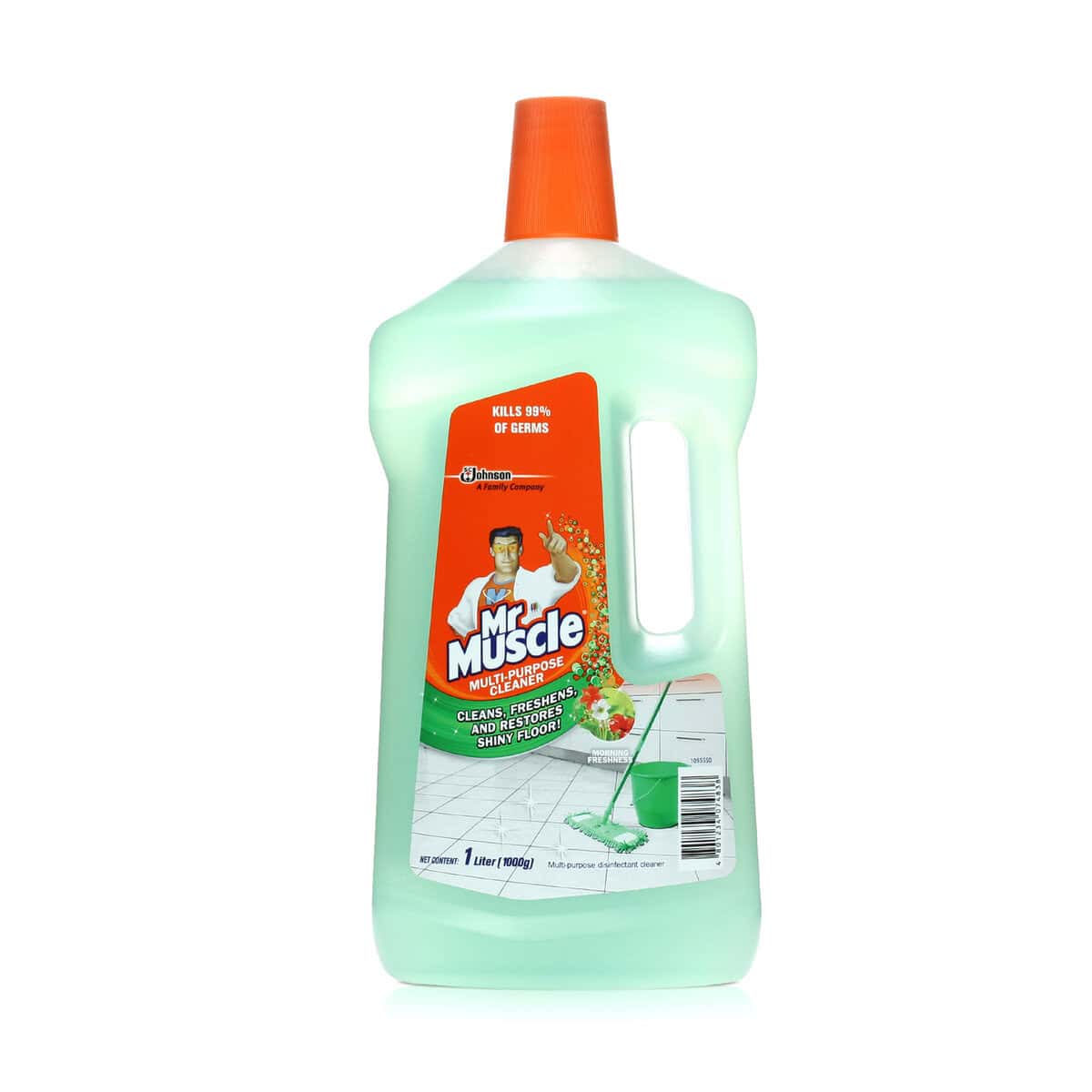 ginee_20240220134401025_4211792373-5.jpg Disinfectant cleaner with Mr. Muscle label, 1-liter bottle, fighting germs, suitable for all surfaces, used for effective cleaning, disinfecting flooring and household surfaces.