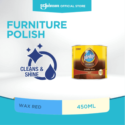 Paste wax for furniture polishing, red color, 450ml, ideal for cleaning and shining wooden furniture, used for maintaining furniture appearance and protection.