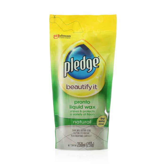Pleasure brand Pledge liquid wax for flooring, offers long-lasting shine, protection, and a natural finish to various floor types, ideal for maintaining cleanliness and hygiene standards.