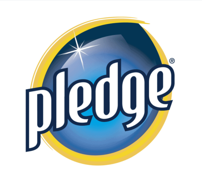 Blue pledge logo with spark and yellow border for hygiene cleaning products.