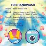 Handwash instructions for effective hygiene, including steps for rinsing clothes and using surf fabric conditioner, with emphasis on proper practices.