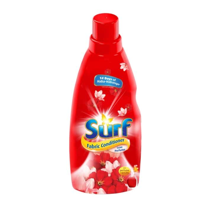 Vibrant red fabric conditioner bottle with floral design and '14 Days of Haba-Habango' label, promoting long-lasting freshness and luxury perfume.