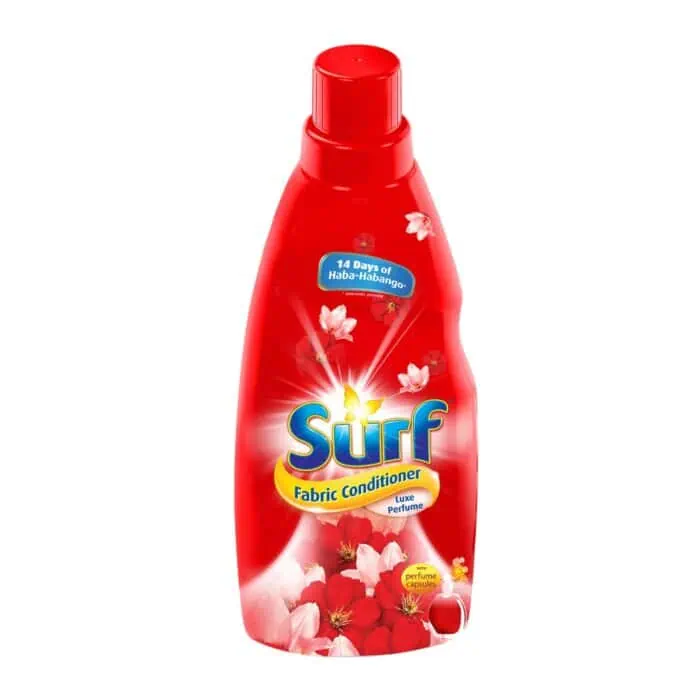 Vibrant red fabric conditioner bottle with floral design and '14 Days of Haba-Habango' label, promoting long-lasting freshness and luxury perfume.