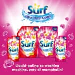 Surf ultra power liquid liquid detergent bottles with floral design and pink background, promoting stain removal and freshness for laundry, ideal for household cleaning.