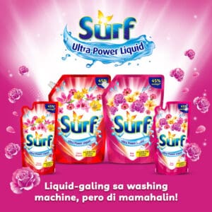 Surf ultra power liquid liquid detergent bottles with floral design and pink background, promoting stain removal and freshness for laundry, ideal for household cleaning.