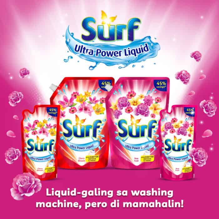 Surf ultra power liquid liquid detergent bottles with floral design and pink background, promoting stain removal and freshness for laundry, ideal for household cleaning.