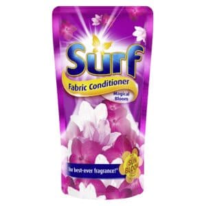 Vibrant purple Surf fabric conditioner pouch with floral design and Sun Bloom technology, highlighting fresh fragrances and fabric softness.