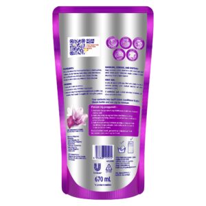 Qrcode sanitizing fabric conditioner refill pouch, label with instructions, ingredients, and warnings, purple and silver packaging, 670ml, easy to store and use for hygiene and fabric care.