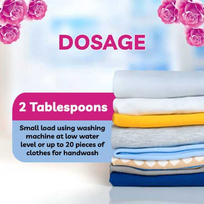Cleaning laundry instructions with folded clothes and flowers in the background, for hygiene and sanitation topics.