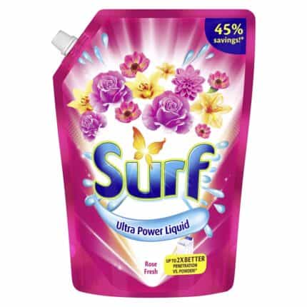 Vibrant pink Surf Ultra Power Liquid laundry detergent pouch with floral scent, featuring roses and lilies, offering up to 45% savings, ideal for effective stain removal and freshening clothes.