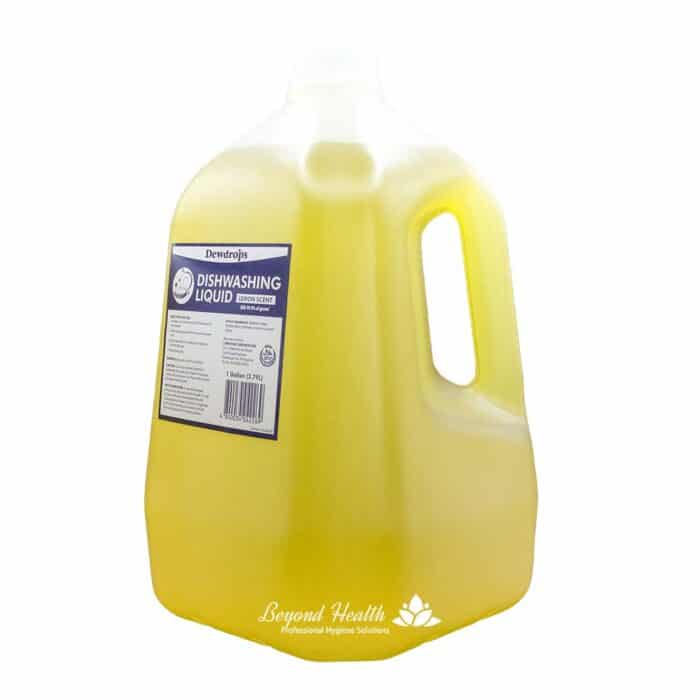 Dewdrops lemon-scented dishwashing liquid in a yellow jug, ideal for professional kitchen hygiene, part of Beyond Hygiene Asia's sanitation product range.