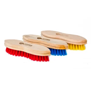 Red, blue, and yellow scrub brushes with wooden handles for cleaning and sanitation, ideal for hygiene and janitorial services.