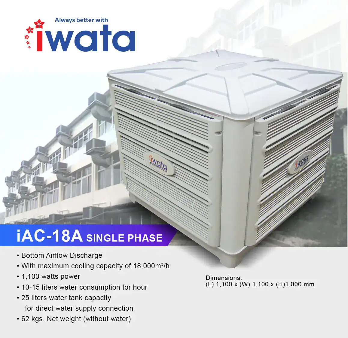 Iwata iAC-18A-SINGLE PHASE IAC-18A single phase industrial air conditioning unit from Beyond Hygiene Asia with high cooling capacity and efficient airflow discharge.