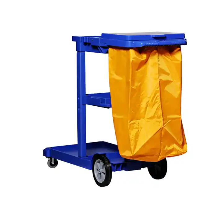 Blue mobile cleaning cart with yellow laundry bag for janitorial services and hygiene solutions.