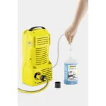 Yellow portable sanitizing fogger for car and bike hygiene cleaning, using underbody wax solution. Easy-to-use disinfectant equipment for vehicle sanitation.