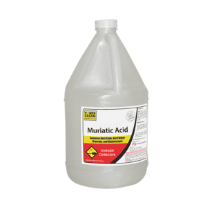 Muriatic acid cleaning chemical for industrial use, hazardous corrosive liquid, used to remove rust, stain, and water deposits, suitable for construction and water treatment industries.
