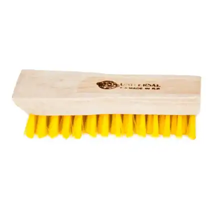 Black scrub brush with yellow bristles for industrial cleaning and hygiene maintenance.