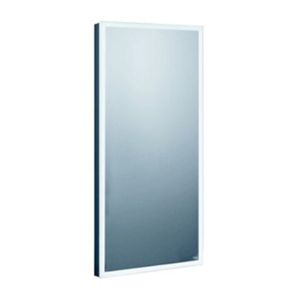 Mirror with a sleek white frame, ideal for hygiene and sanitation environments. Perfect for clinics, offices, and commercial spaces seeking cleanliness and style.