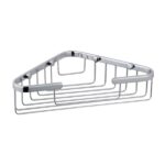 Flexible shower caddy for bathroom organization, made of corrosion-resistant chrome metal, designed for holding soap, shampoo, and other shower essentials, ideal for hygienic spaces.