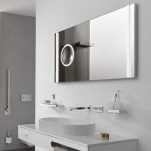 Mirror with LED lighting in modern bathroom, clean and minimalist design, beyond hygiene asia, hygiene and sanitation solutions, stylish bathroom accessories, contemporary sanitary fixtures.