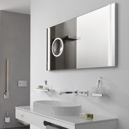 Mirror with LED lighting in modern bathroom, clean and minimalist design, beyond hygiene asia, hygiene and sanitation solutions, stylish bathroom accessories, contemporary sanitary fixtures.