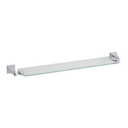 Glass shower shelf with chrome wall mounts, ideal for bathroom organization, durable and sleek design.