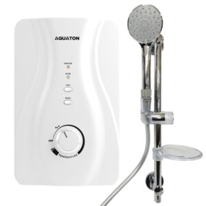 AQUATON Instantaneous Water Heaters Collection Single Point EDP Code 10614-00103 Article AQ-3CC-35E Specifications Accessories Chrome, 5 way Shower Spray with Sliding Rail, PVC Grey Hose Power Rating 3.5KW (220V - 230V AC 60Hz) Min. Water Flow Rate 2.0 litre/min. Rated Pressure Min. 0.1 Bar (10Kpa) / Max 6.0 Bar (0.6MPa) Inlet / Outlet 15mm (½") Water Connection Single Point System Dimension 360 x 220 x 94 mm Weight 3.0 kg