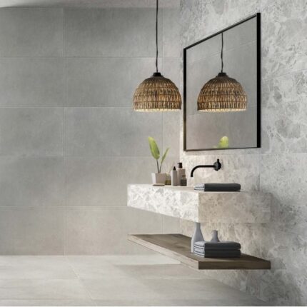 Clean bathroom vanity with modern minimalist design and natural decor elements.