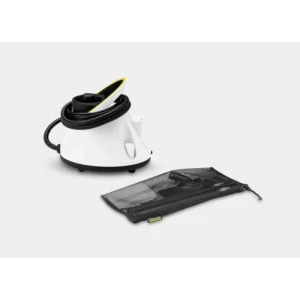 Vacuum steam cleaner for commercial cleaning and sanitizing surfaces with accessories.
