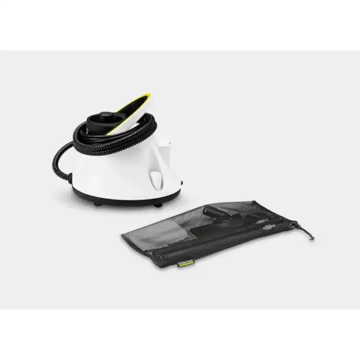 Vacuum steam cleaner for commercial cleaning and sanitizing surfaces with accessories.