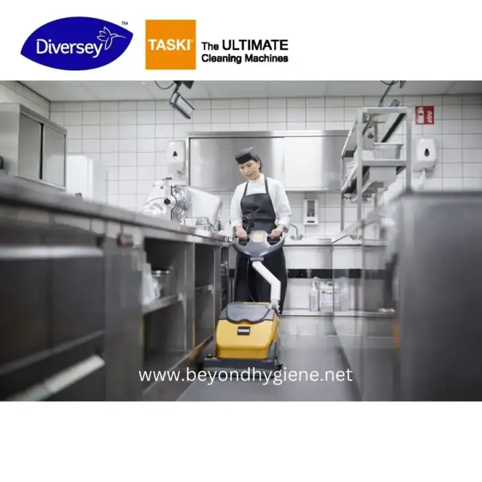 Efficient commercial kitchen cleaning with advanced machinery, ensuring hygiene and safety standards are met at Beyond Hygiene Asia.