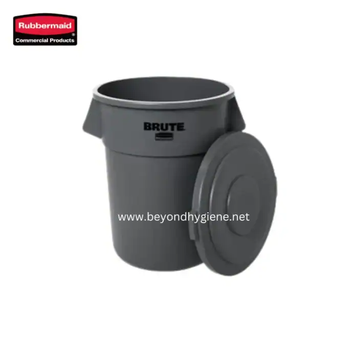 Rubbermaid commercial waste bin, gray heavy-duty trash container for commercial hygiene and sanitation, durable waste management solution for industrial and office environments.