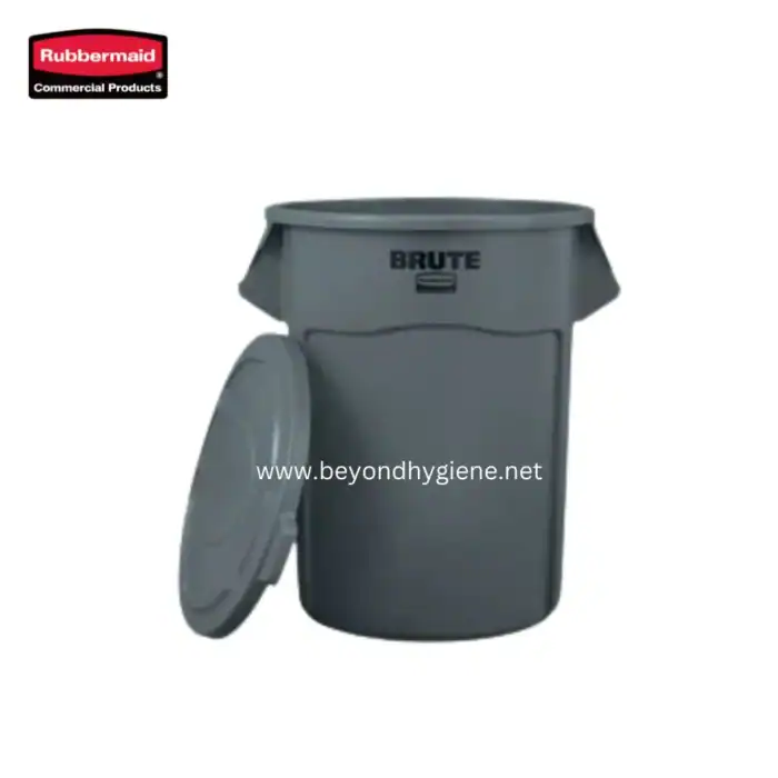 Rubbermaid Brute trash can, commercial waste receptacle with lid, durable plastic for sanitation management, ideal for industrial, office, and hygiene environments.