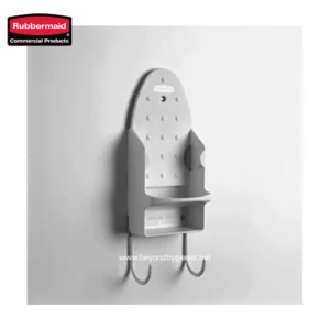 Rubbermaid toilet brush with holder for bathroom cleaning and hygiene maintenance.