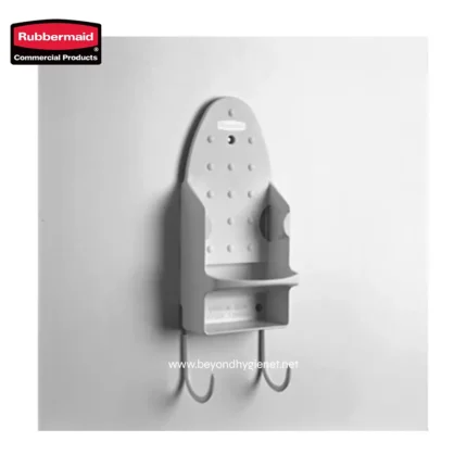 Rubbermaid wall-mounted cleaning caddy for sanitation essentials, includes hooks for tools and a shelf for supplies, ideal for commercial hygiene environments at Beyond Hygiene Asia.