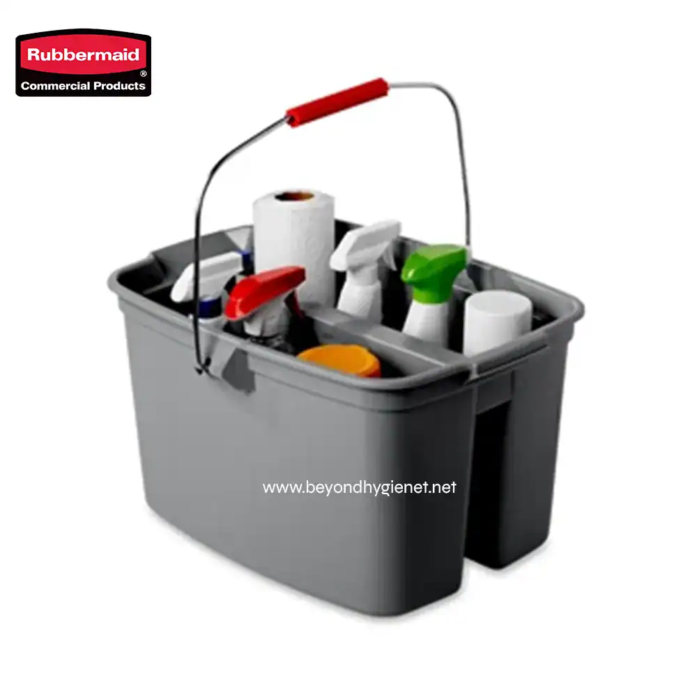 1 Spray bottles and cleaning supplies in a grey disinfectant caddy for commercial cleaning and hygiene maintenance.