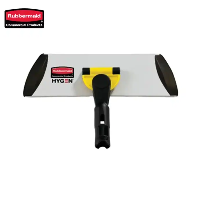 Rubbermaid cleaning squeegee with a black and yellow handle, designed for commercial cleaning and hygiene maintenance.