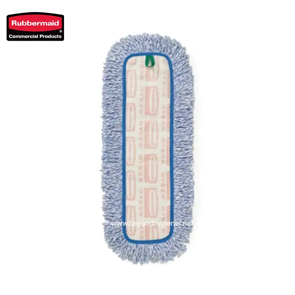 Rubbermaid microfiber replacement mop head with scrubbing strips, designed for commercial cleaning and hygiene maintenance.