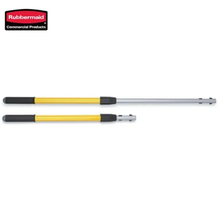 Rubbermaid commercial cleaning tool, yellow handle adjustable pole, lightweight and durable cleaning implement for commercial hygiene, versatile cleaning equipment for professional use.