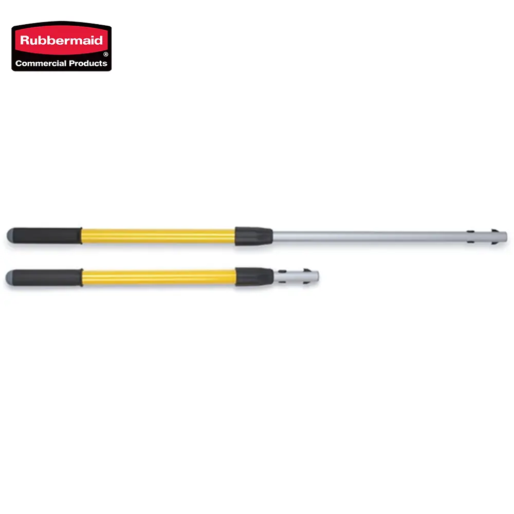 Rubbermaid commercial cleaning tool, yellow handle adjustable pole, lightweight and durable cleaning implement for commercial hygiene, versatile cleaning equipment for professional use.