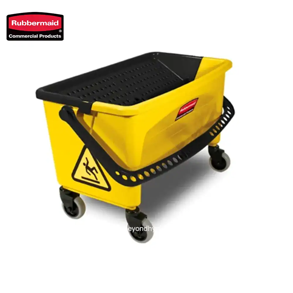 Rubbermaid yellow upholstery cleaning cart with caution hazard sign, suitable for commercial cleaning and hygiene maintenance.