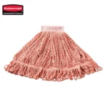 Rubbermaid commercial microfiber dust mop with pink fringed edges for effective cleaning.